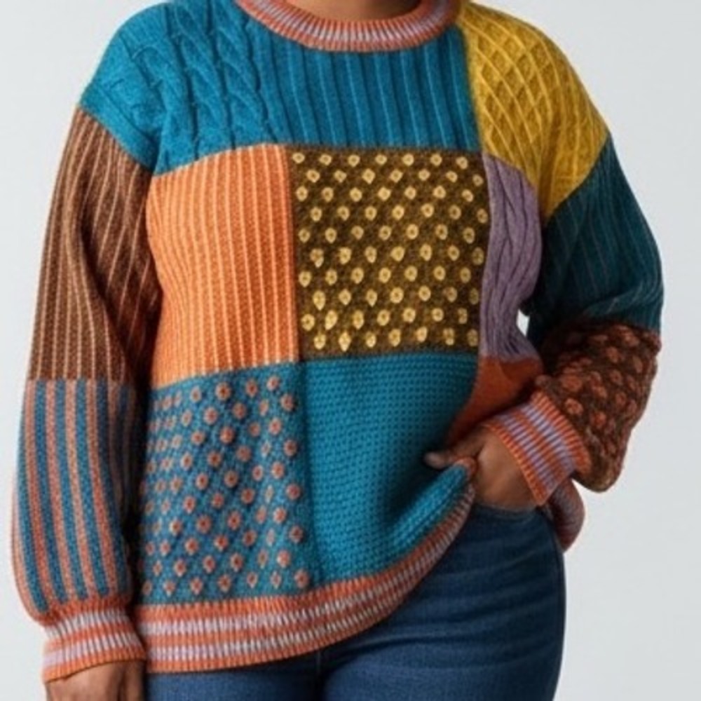 Cider Patchwork‎ Cable Knit Sweater  cozy boho Kidcore 1XL Mixed Knit -pillng
